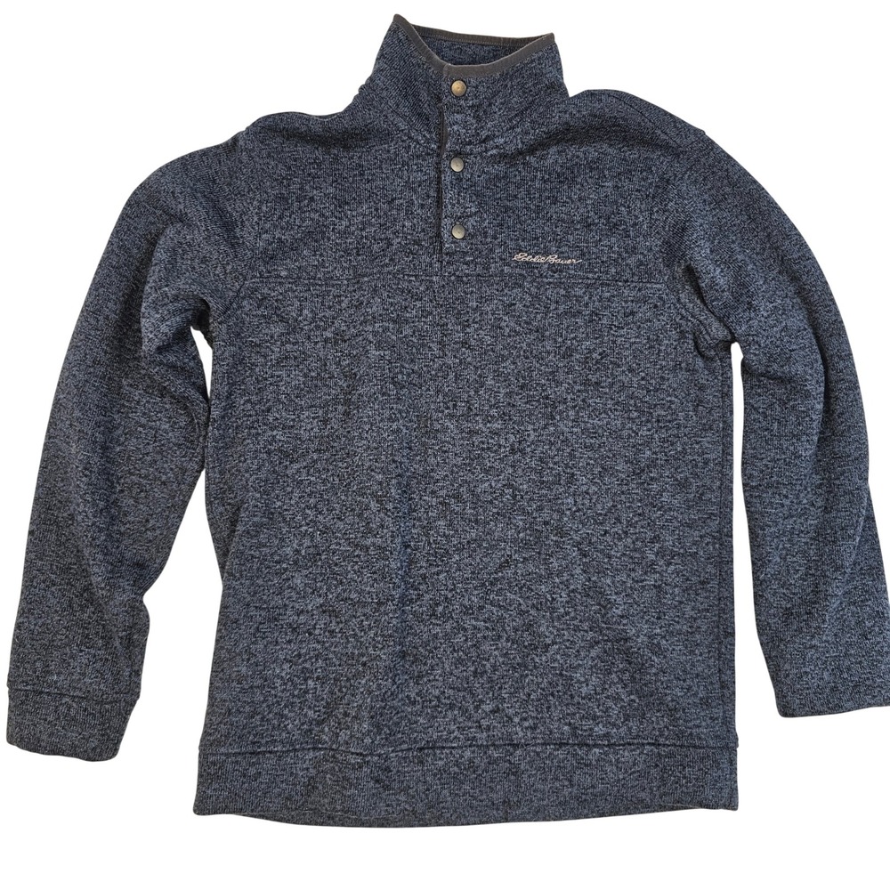 Eddie Bauer Mens Medium Navy Blue Marl Sweater Fleece Snap Mock Neck Pullover